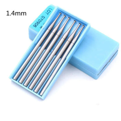 Blue box containing six tungsten steel carving milling cutter grinding heads with thin disc needle shapes and 2.35mm mandrels.