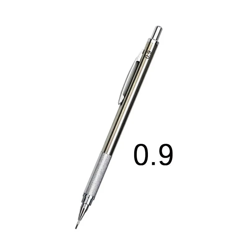 Metal automatic mechanical pencil showing multiple lead diameter options including 0.5 mm, 0.7 mm, 0.9 mm, 1.3 mm, and 2.0 mm