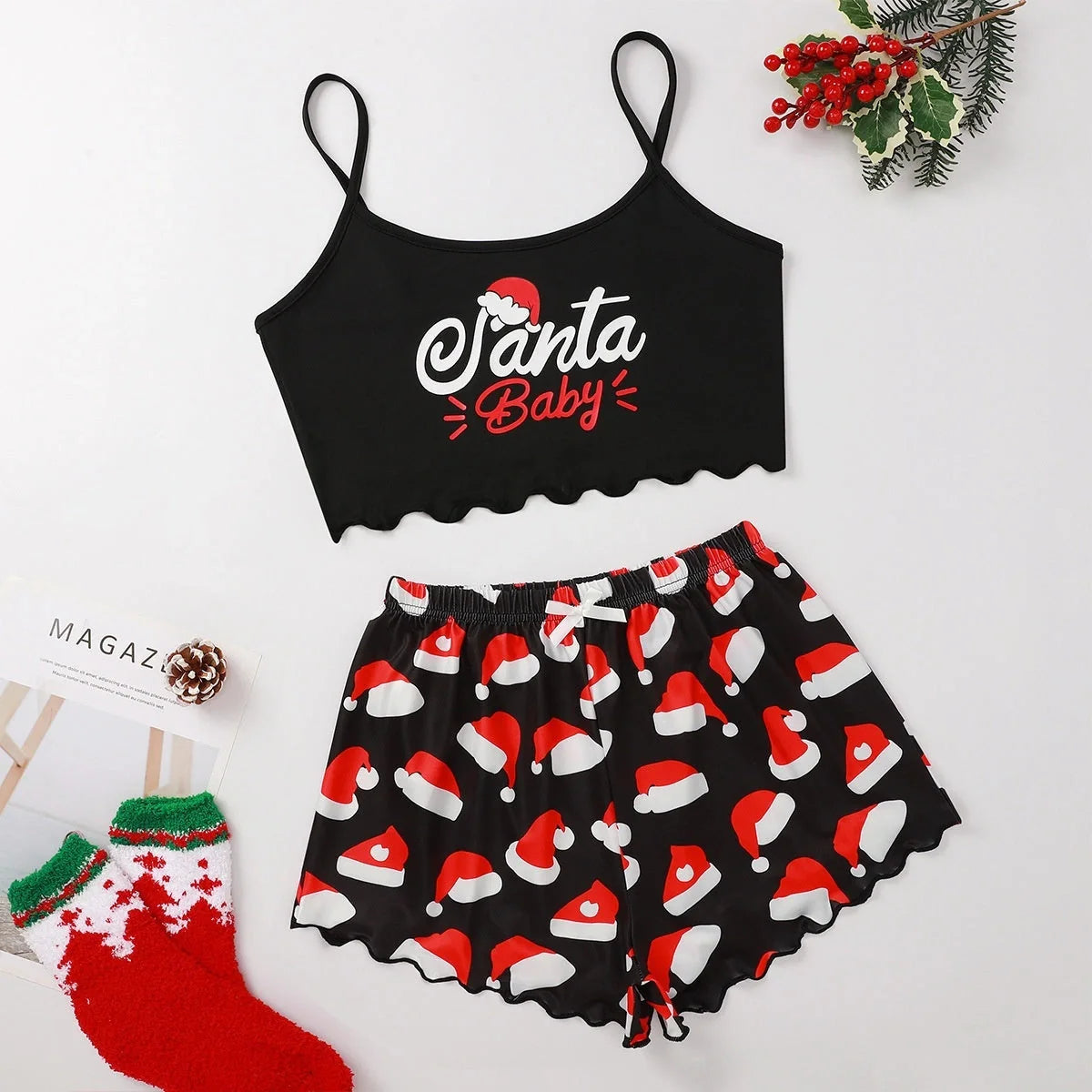 Christmas women's milk silk pajamas two-piece set with festive designs