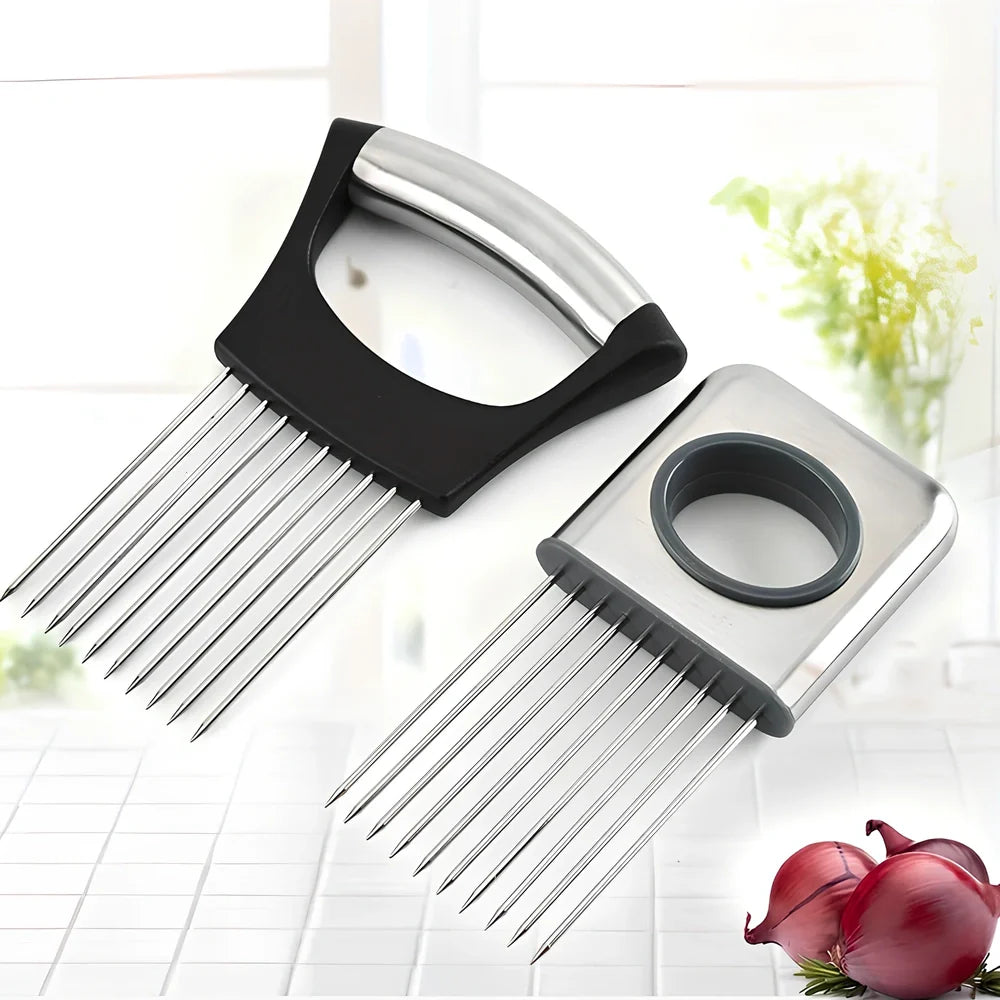 Stainless steel onion holder with black ABS handle for slicing and meat tenderising