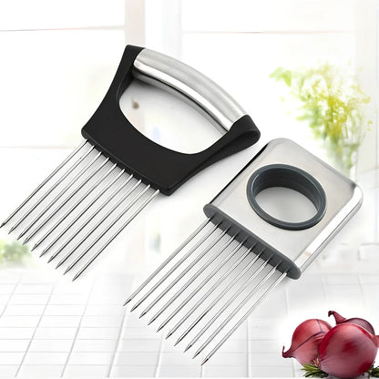 Stainless steel onion holder with black ABS handle for slicing and meat tenderising