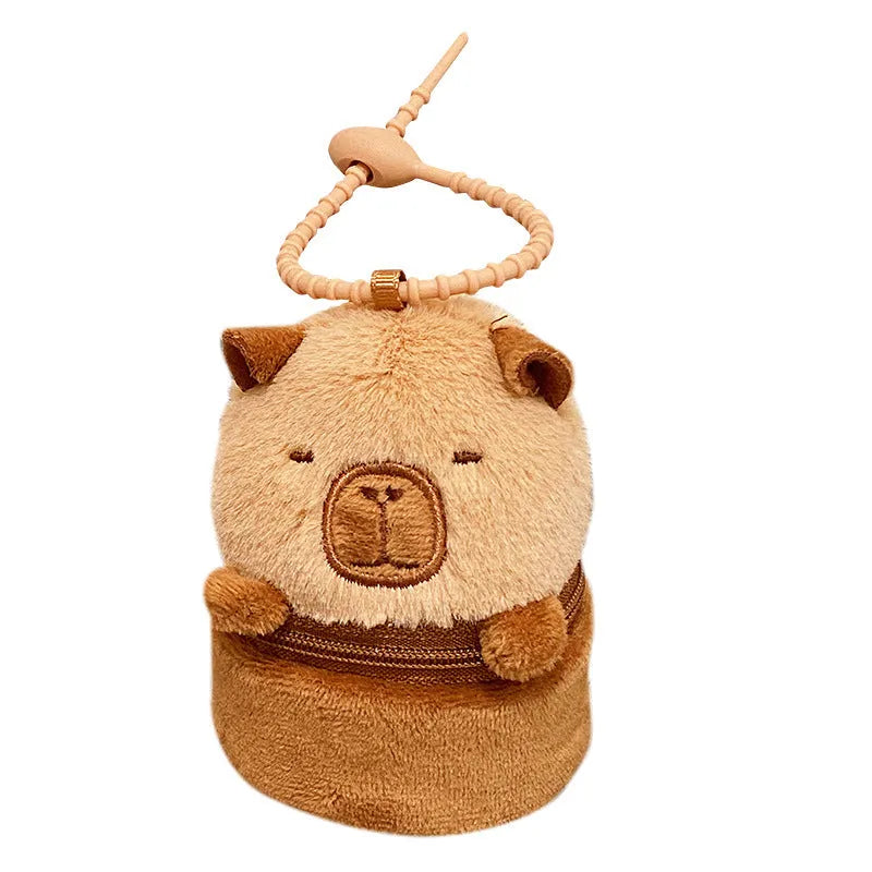 Brown plush animal coin purse and earphone bag with embroidery for daily matching