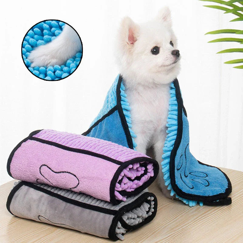 Premium pet towels made with super-absorbent chenille fibers for quick drying and convenient cleanup