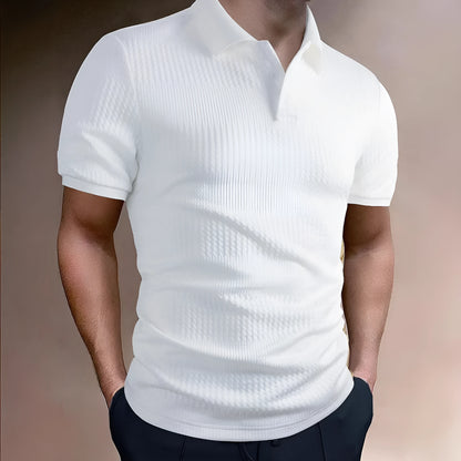Men's striped loose fit polo shirt with short sleeves and asymmetric design detail in light blue.