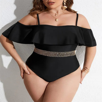 Black solid colour one-piece swimsuit for women on a mannequin.