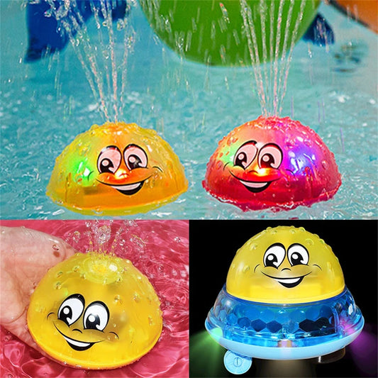 Colorful spray water fountain toy with rotating water display, perfect for toddlers' bath time fun
