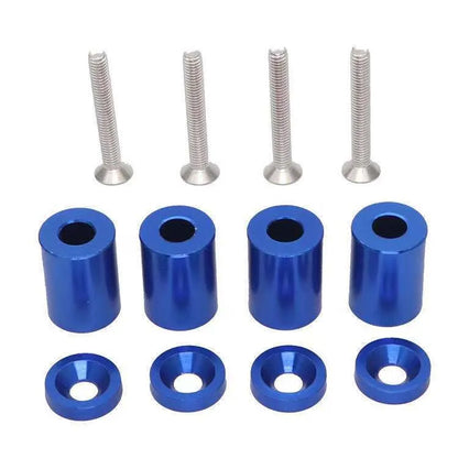 Aluminium engine cover spacer kit with four screws, nuts, and washers in red, blue, and black colours