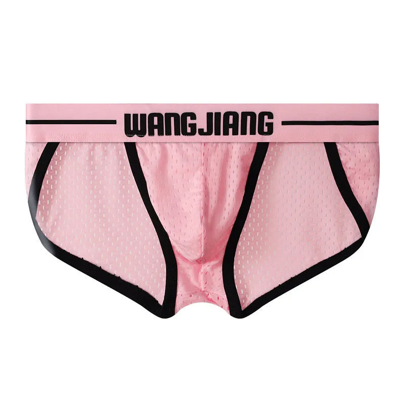 Men's solid colour Ice Silk triangle briefs on a white background, showing the mesh fabric texture.