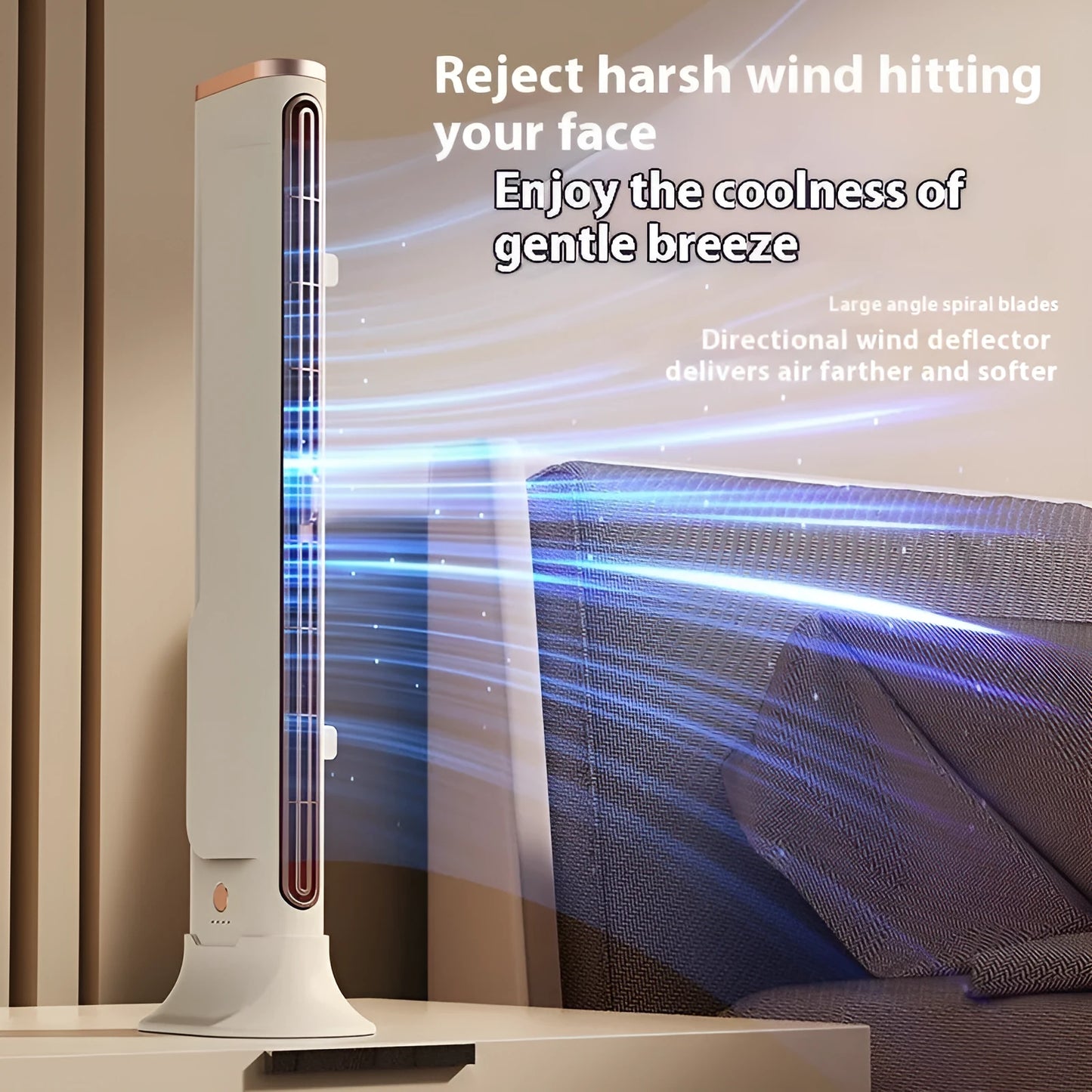 Creamy-white Roman column USB floor fan with integrated LED light showing three-speed controls