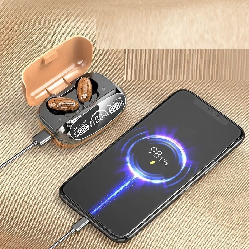 M35 wood grain finish TWS Bluetooth wireless headset with charging case