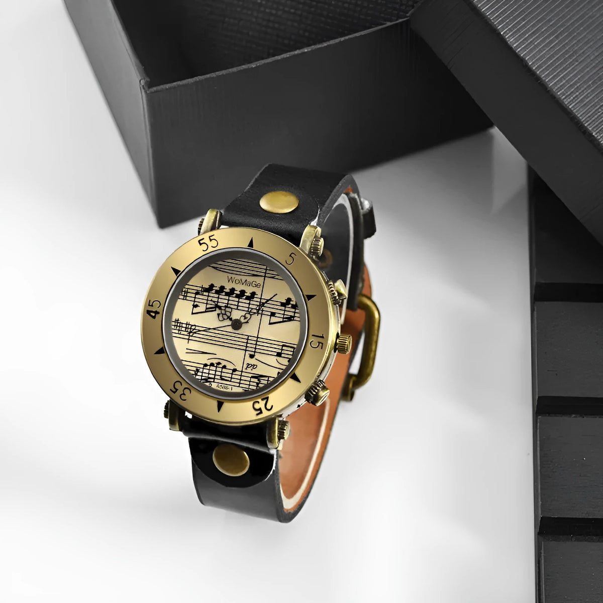 Men's fashion watch with music note symbol on dial, shown in multiple colour options.
