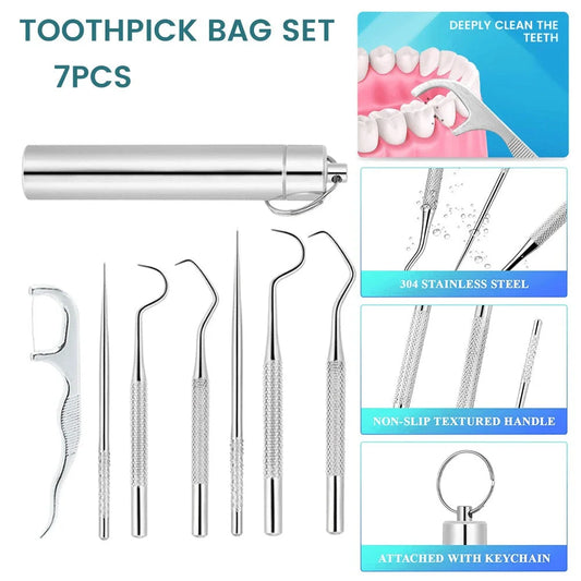 Premium stainless steel toothpick set with dental floss for portable, hassle-free dental care on the go