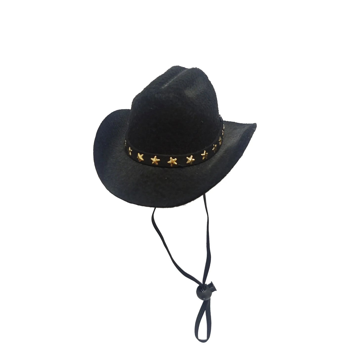 A small black cowboy hat with white stars on a non-slip surface, showing its adjustable strap.