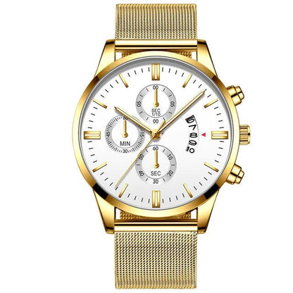 Men's stainless steel mesh band quartz watch with analog dial on a wrist.
