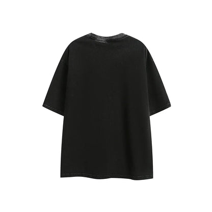 Purple loose-fit embroidered short-sleeve cotton t-shirt on a hanger, retro style.