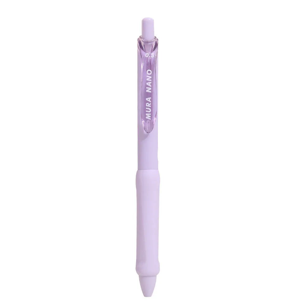 Macaron colour press gel pen with 0.5mm tip shown in smoked brown, powder, and white refill options.