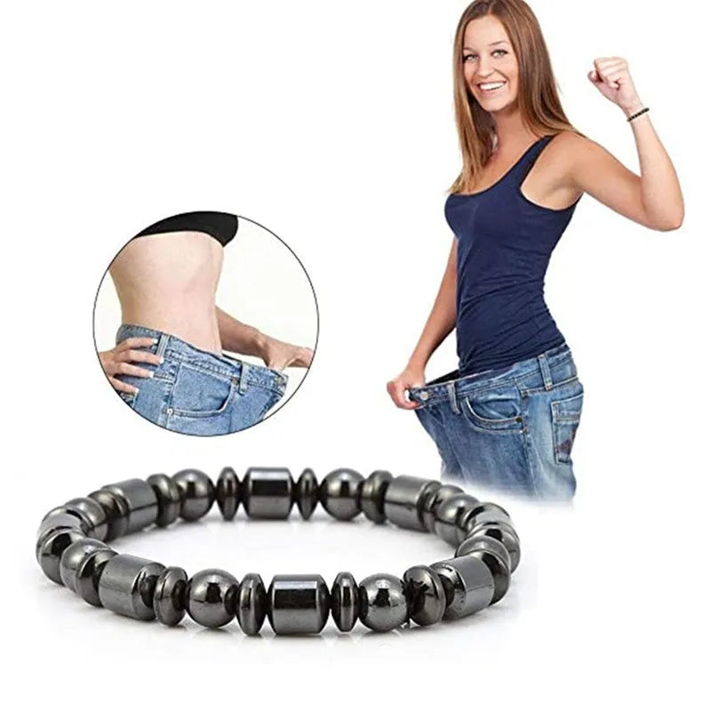 Weight loss magnet bracelets for women and men featuring pentagram stone design with magnetic therapy for potential pain relief and slimming health benefits, crafted from magnetite and hematite beads with stretch bracelet fit.