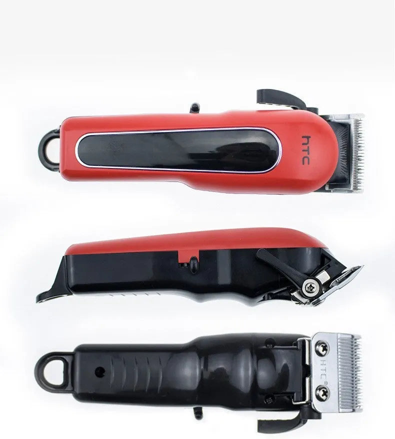 Professional digital electric hair clipper with brushless motor, charger, combs, and cleaning kit in black, red, and white colours.