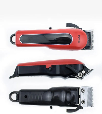 Professional digital electric hair clipper with brushless motor, charger, combs, and cleaning kit in black, red, and white colours.