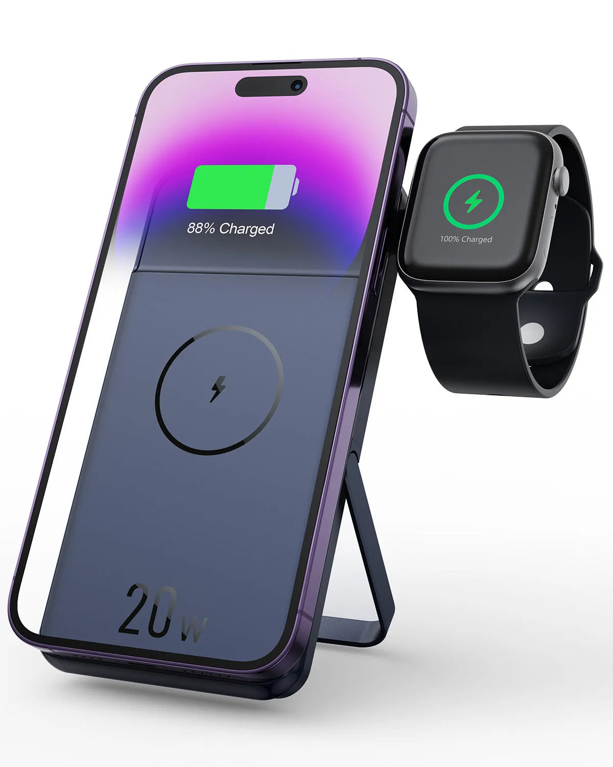 Black industrial style magnetic wireless power bank with 10000mAh capacity and bracket design