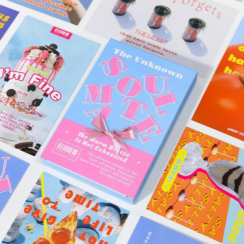 Two fresh-style greeting card designs, 'Time Not Arrived' and 'Warm Wind Not Exhausted', each 10.5cm by 14.8cm.