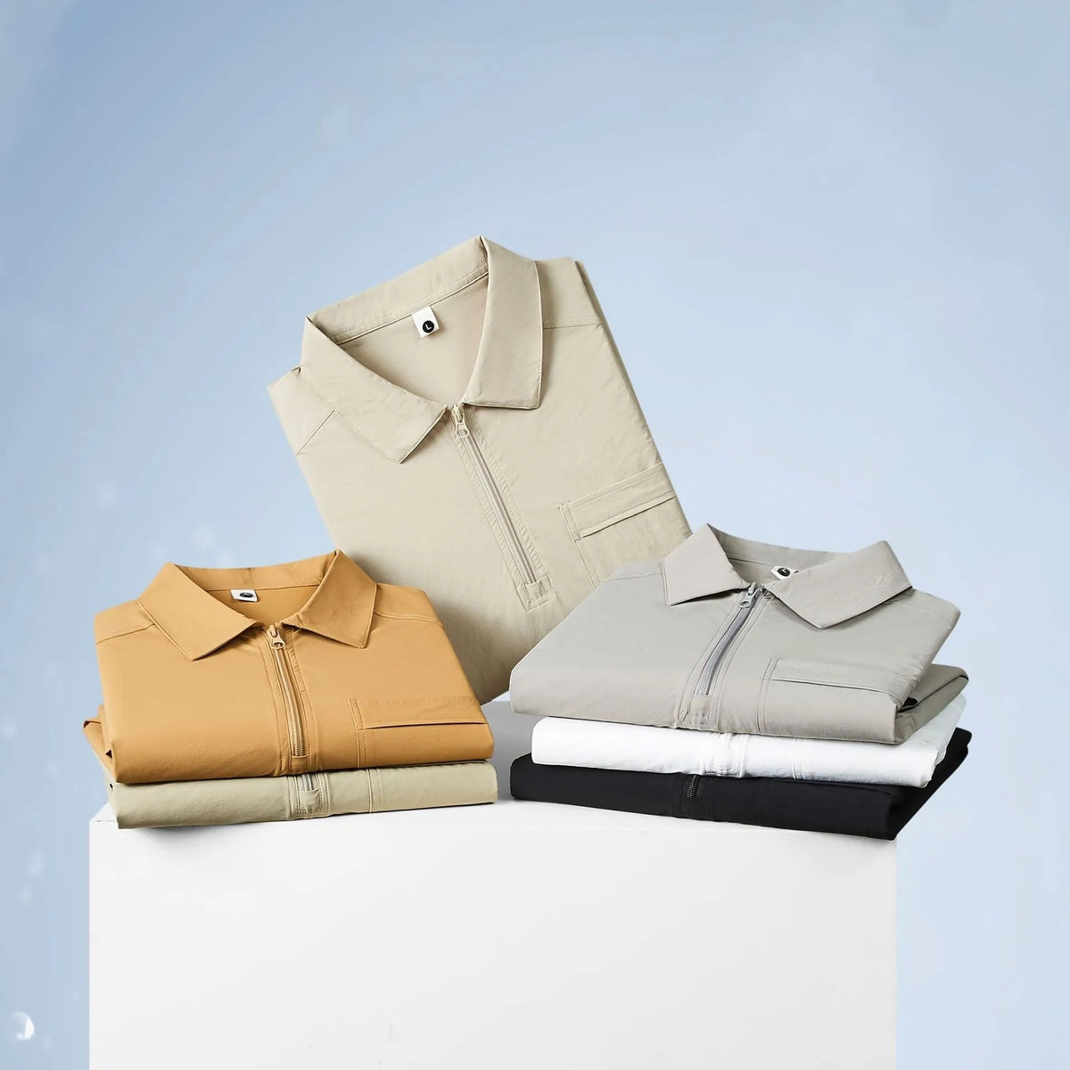 Short sleeve nylon advertising shirt with zipper pockets on lapels in silver fox grey colour