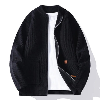 Men's straight-fit striped cardigan jacket in a Vinylon-blend knit, shown in one of five colour options.