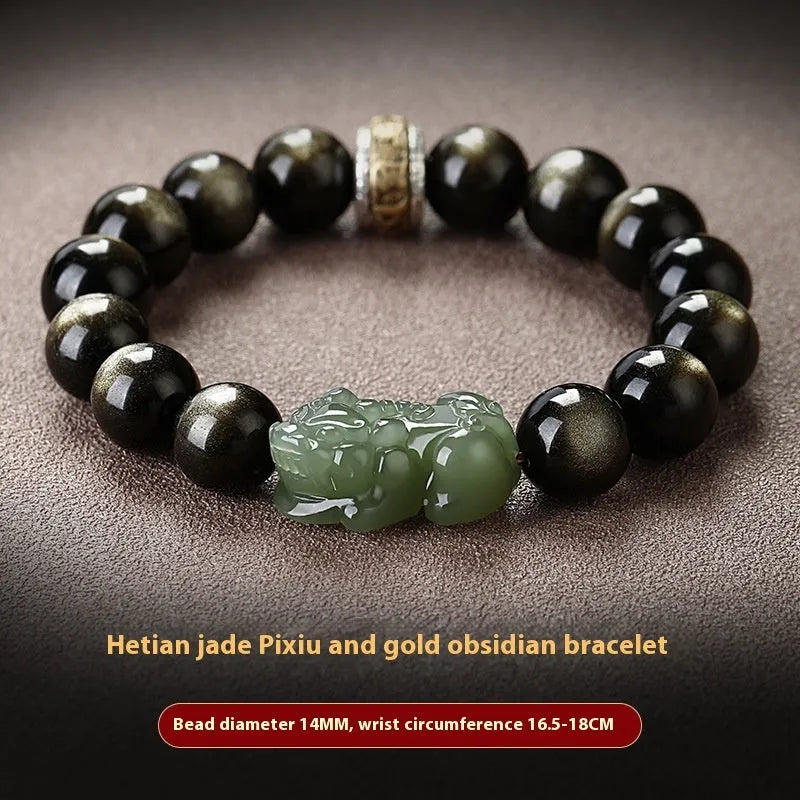 Natural Rainbow Eye Obsidian crystal bracelet in Gold Obsidian or Jade Pi Xiu colours, showing 10mm, 12mm and 14mm bead size options.