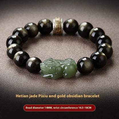 Natural Rainbow Eye Obsidian crystal bracelet in Gold Obsidian or Jade Pi Xiu colours, showing 10mm, 12mm and 14mm bead size options.