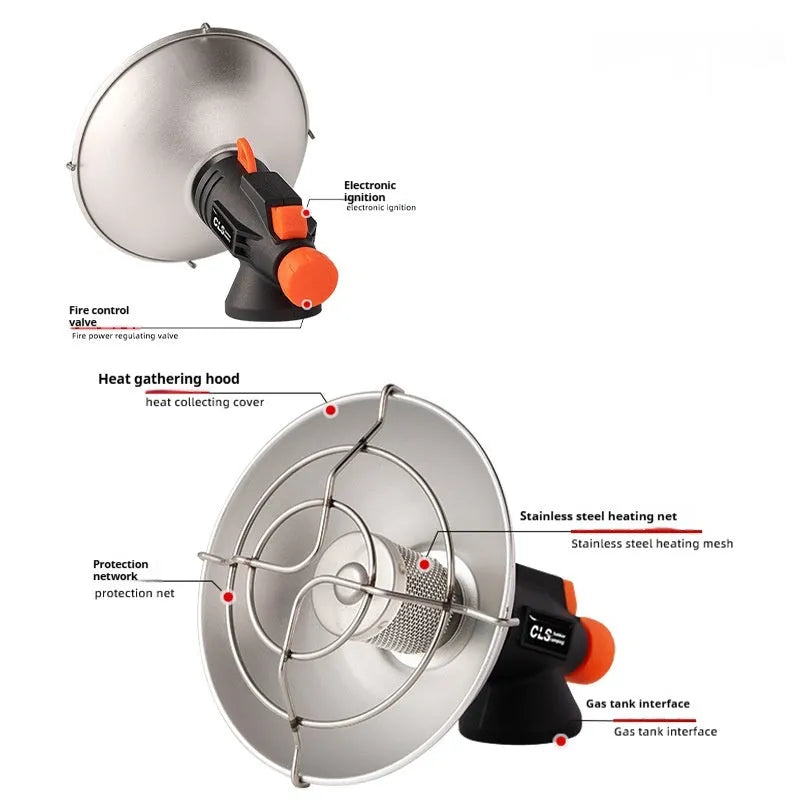 Black and orange portable heating stove with automatic ignition for camping, weighing 215g.