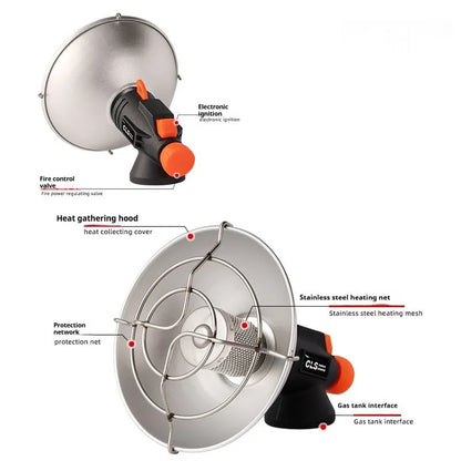 Black and orange portable heating stove with automatic ignition for camping, weighing 215g.
