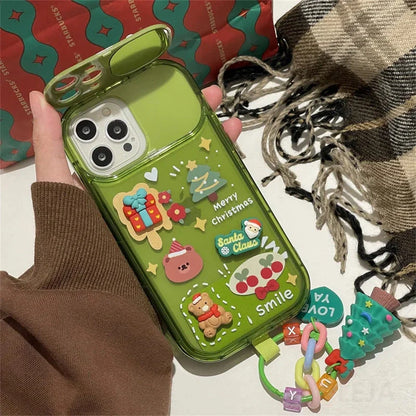 Festive Christmas Santa Claus Elk Hat Pendant Flip Phone Case for iPhone in rose red and green