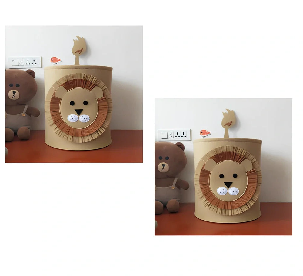 Cartoon elephant felt storage basket, 29cm diameter x 30cm height, lightweight toy organiser in grey with printed design