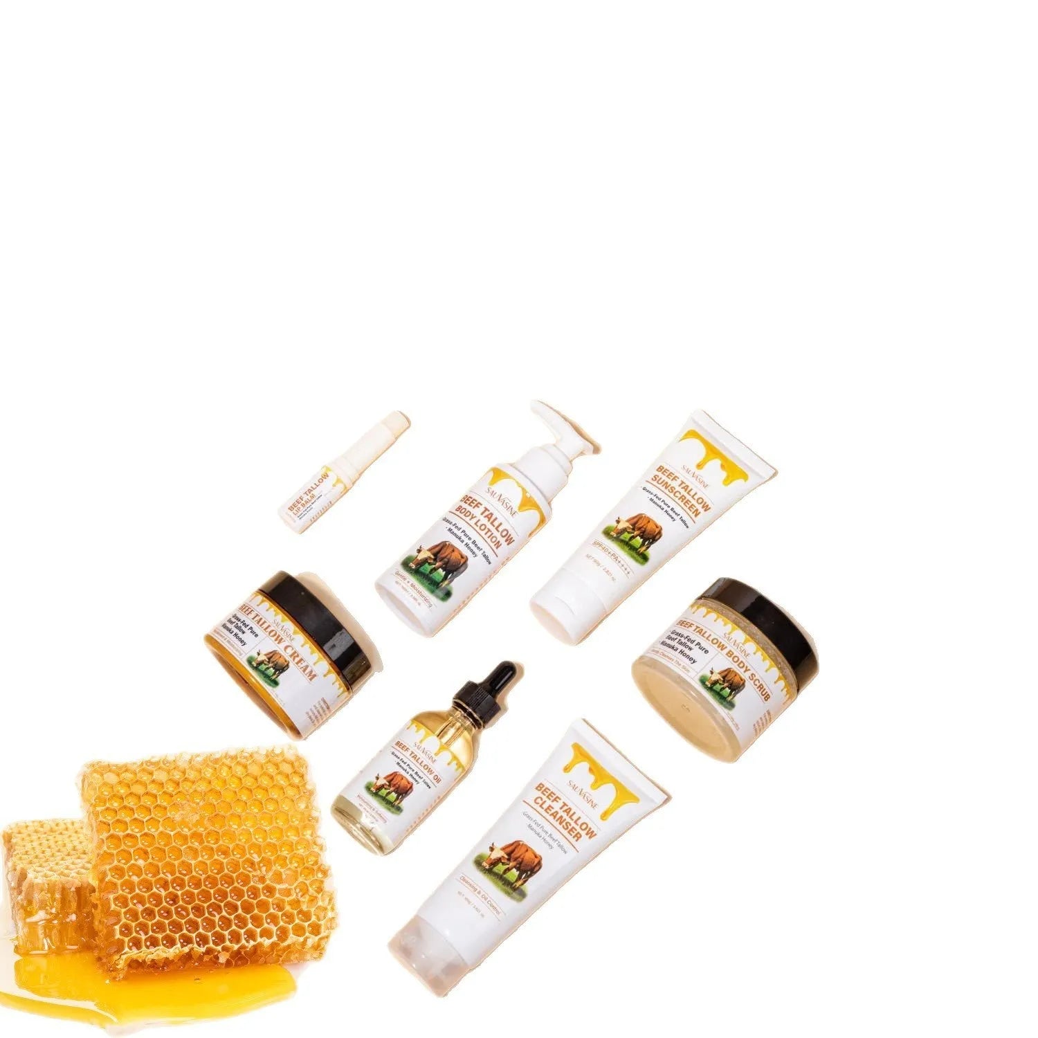 Seven-piece skincare set with facial cleanser, face cream, lipstick, body lotion and facial scrub
