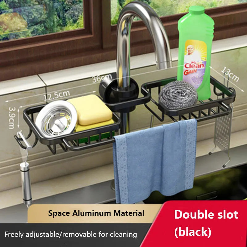 Space aluminium kitchen sink rack and drain basket with no-punch fitting, shown in silver or black single or double with towel bar