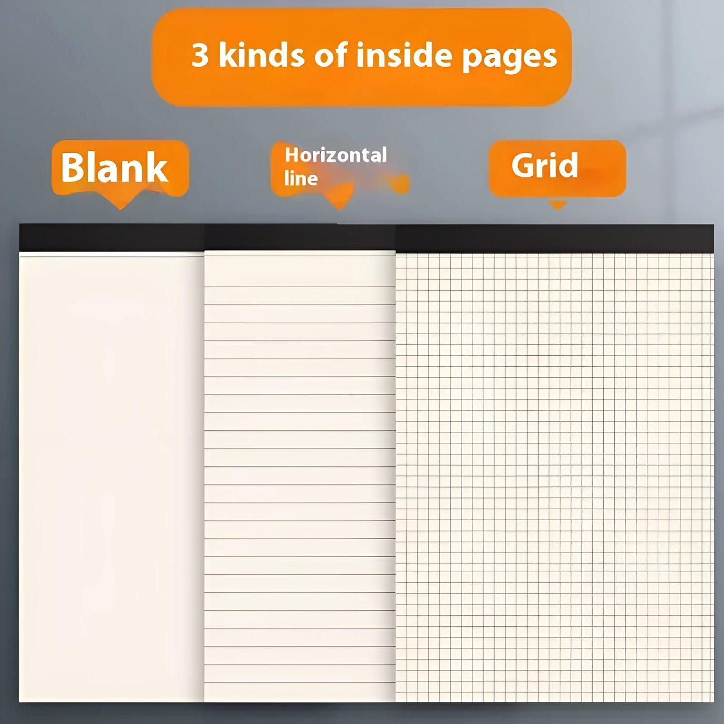 A5 and B5 tearable writing pads with blank, grid, and lined 80-sheet options.
