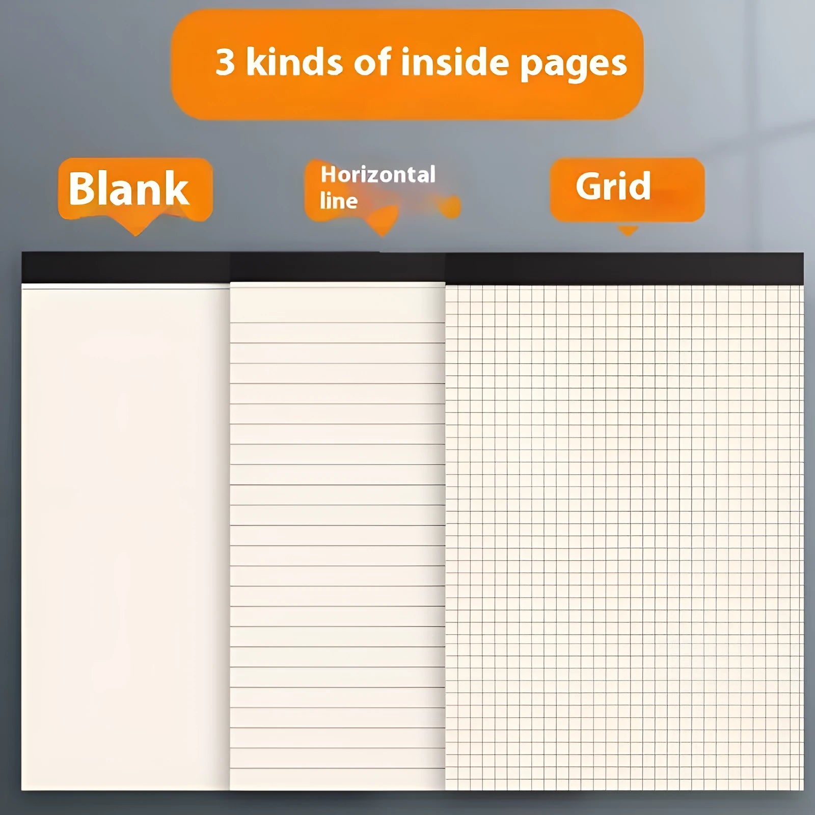 A5 and B5 tearable writing pads with blank, grid, and lined 80-sheet options.