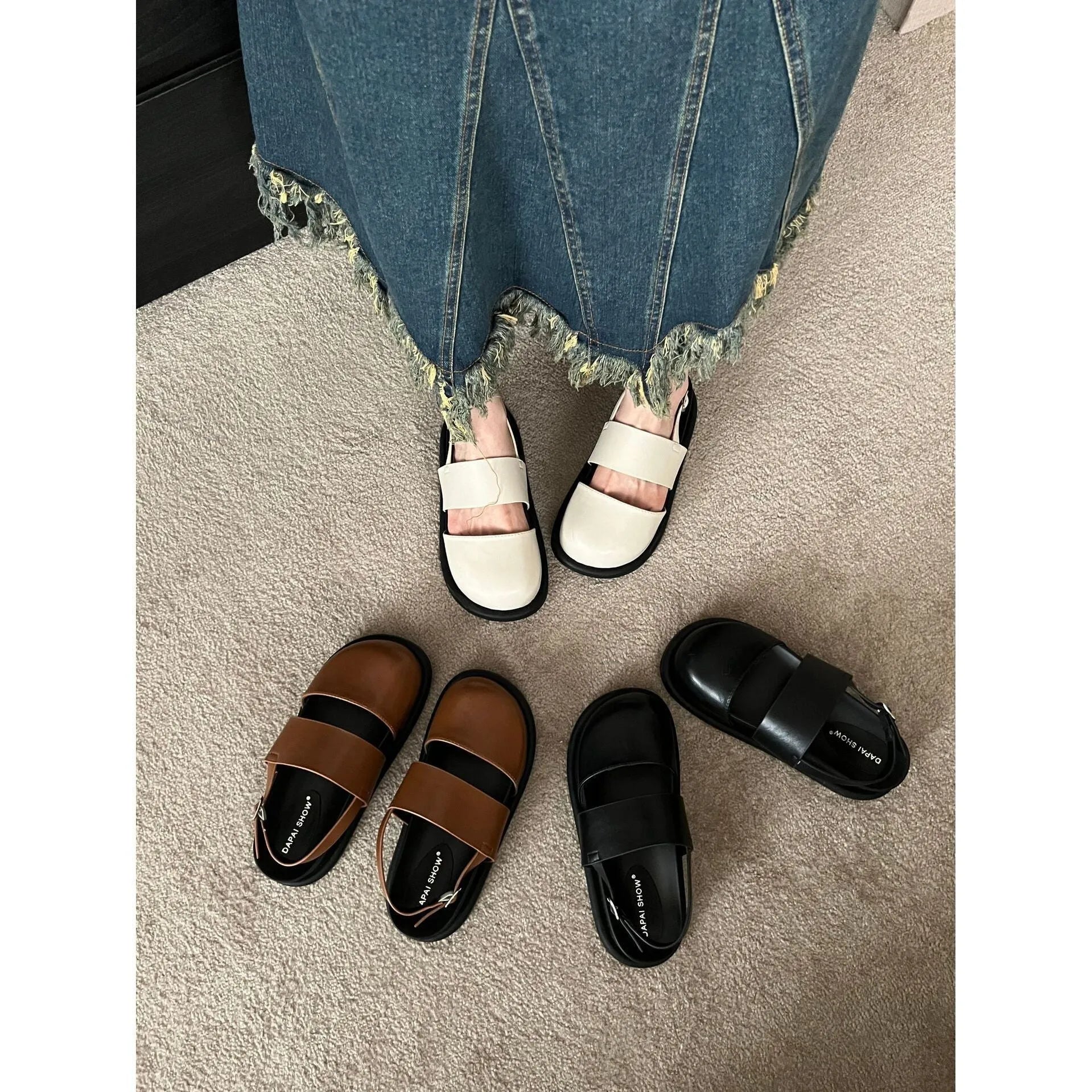 Retro Korean style closed toe sandals with ankle buckle in black, brown, and apricot colours