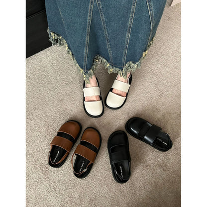 Retro Korean style closed toe sandals with ankle buckle in black, brown, and apricot colours