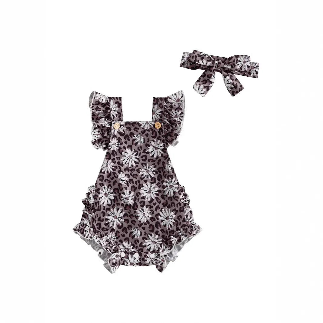 Girls floral print dress with matching headband, short sleeve pullover, available in pink, red, green, and brown, sizes 0-18 months.