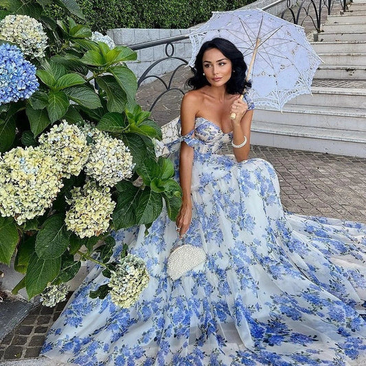 Floral off-the-shoulder organza dress with lace-up detail in a stunning blue hue