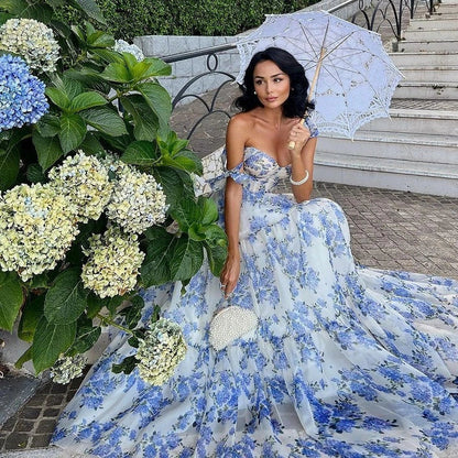 Floral off-the-shoulder organza dress with lace-up detail in a stunning blue hue