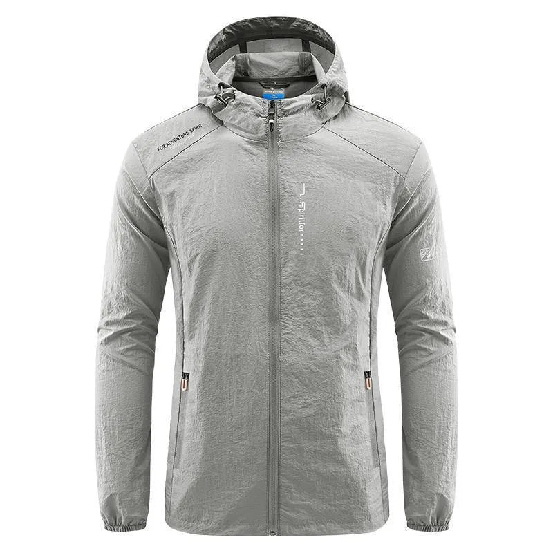 Men's lightweight nylon hooded jacket for sun protection in a loose fit, shown in dark blue.