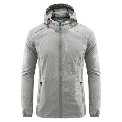 Men's lightweight nylon hooded jacket for sun protection in a loose fit, shown in dark blue.