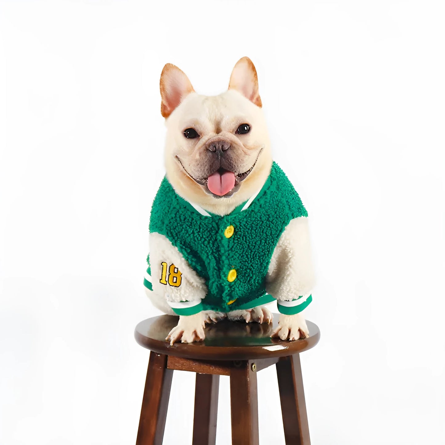 Green fleece-lined winter dog coat for medium to extra large breeds on mannequin