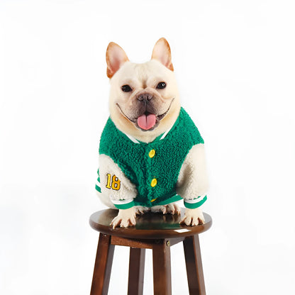 Green fleece-lined winter dog coat for medium to extra large breeds on mannequin