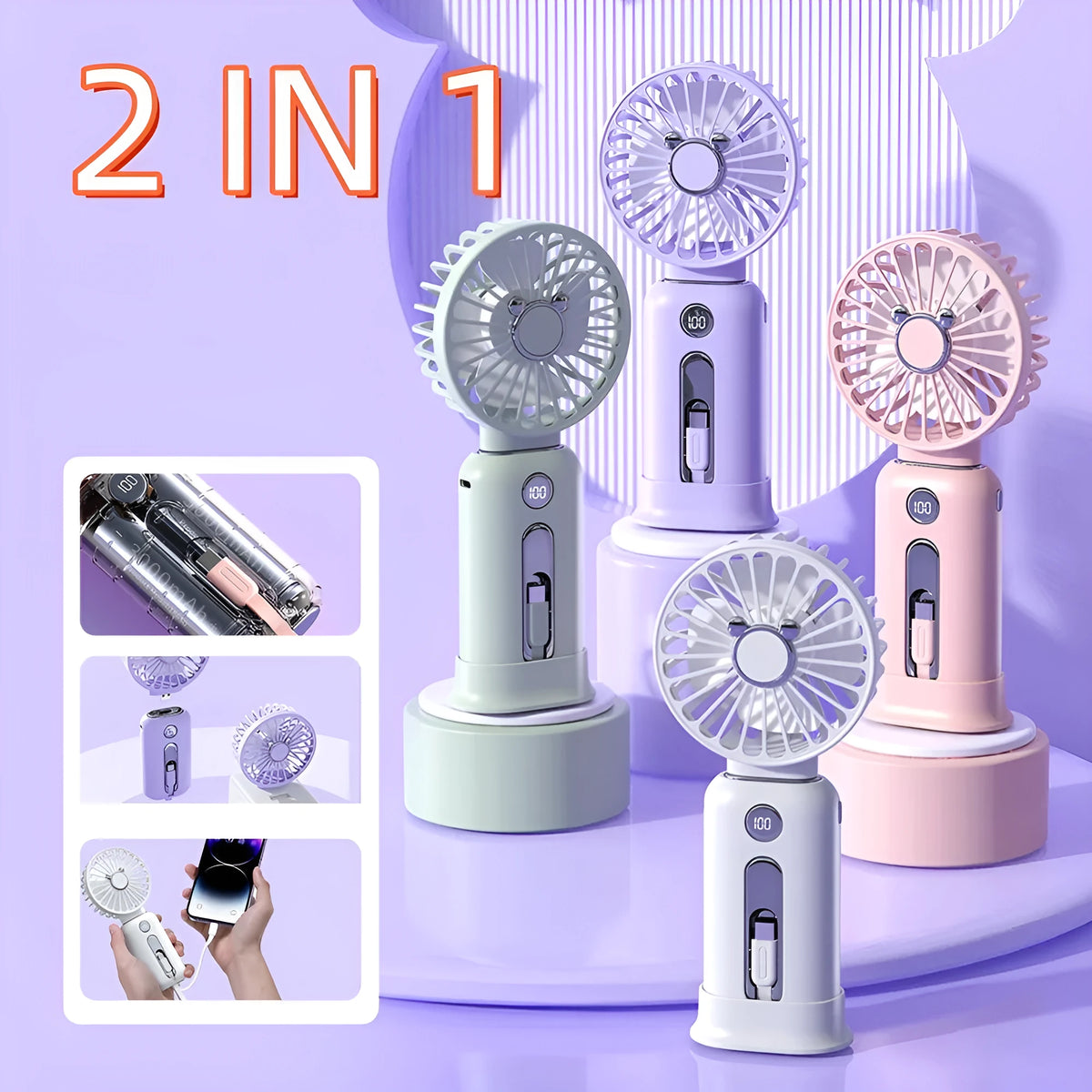 Purple handheld USB fan with power bank ports, shown with a white USB cable.