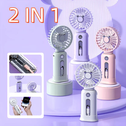 Purple handheld USB fan with power bank ports, shown with a white USB cable.