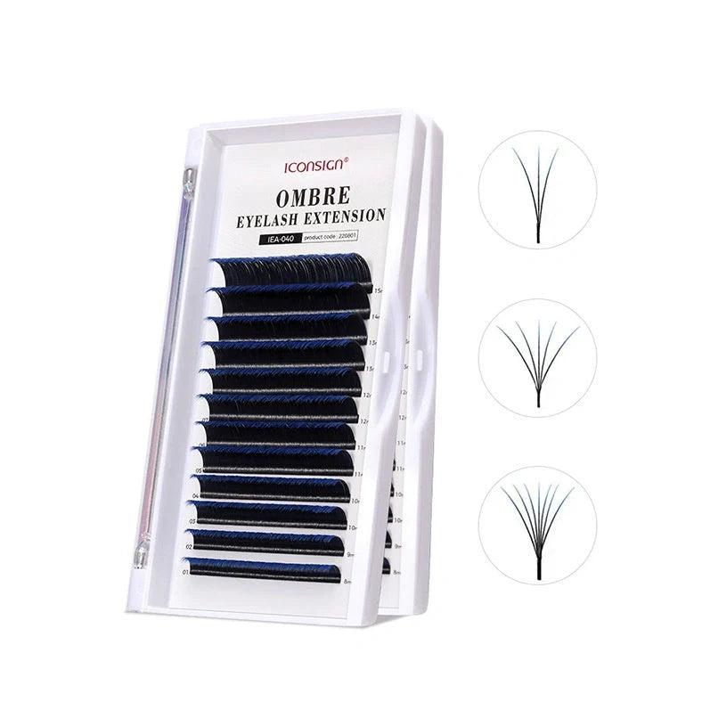 Single graft gradient coloured eyelashes showing four colour options with 8-15mm mixed lengths on fibre material