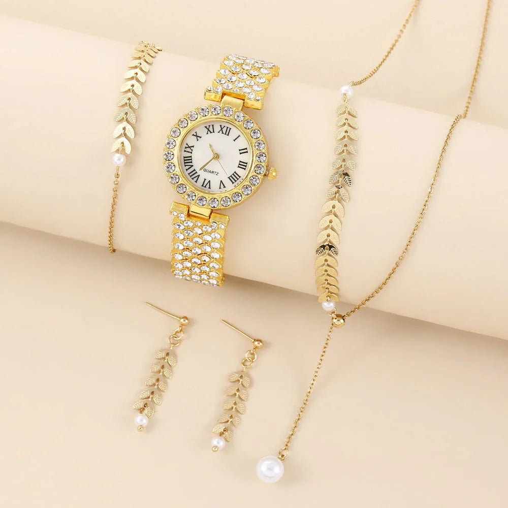 Diamond women's watch with rhinestone quartz bracelet in golden, silver, and rose gold suits